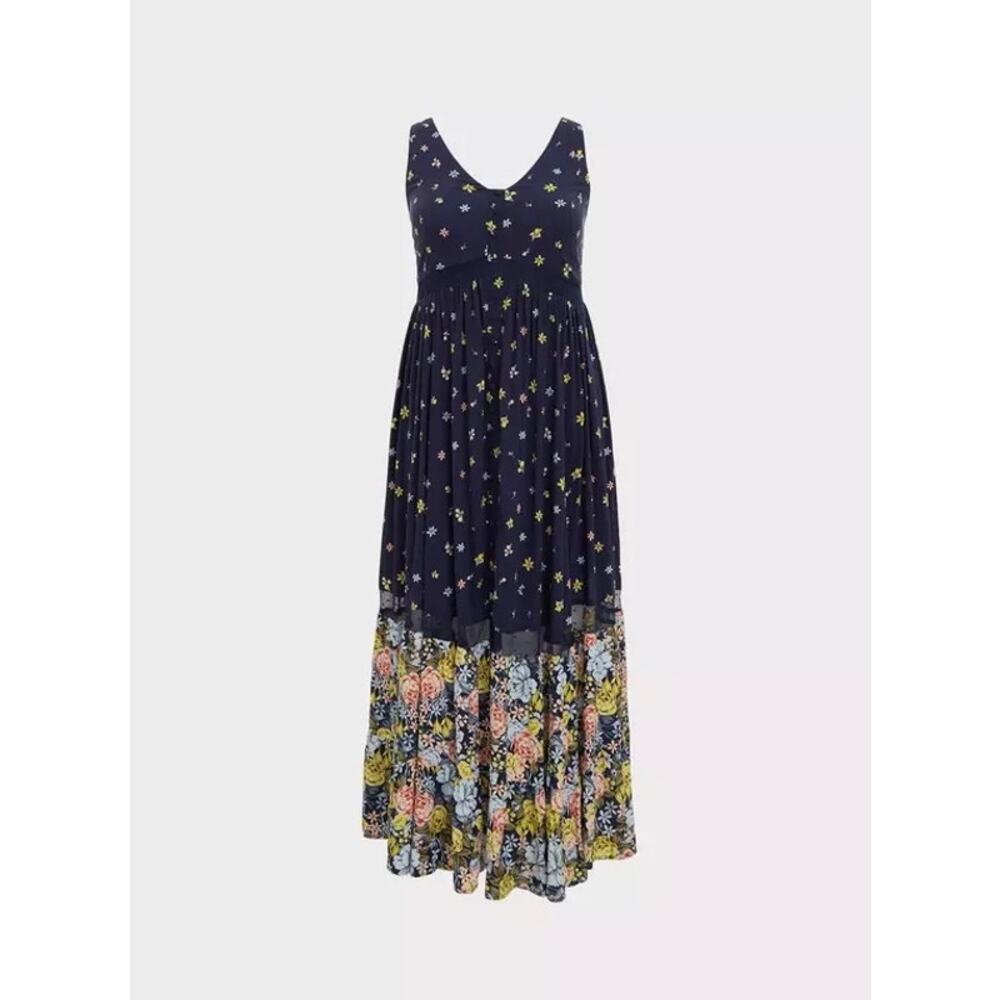 Torrid Maxi Challis Button-Front Dress Women’s Sz 2 (2X 18-20) Floral Navy Blue
